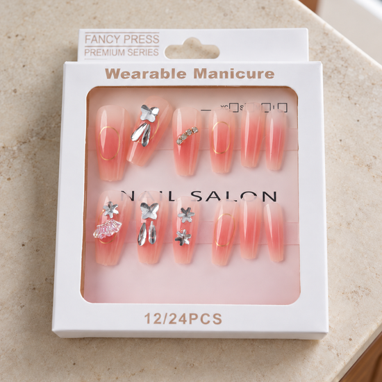 Fancy Press peach coral jelly ombre coffin press-on nails with gold oval rings and 3D crystal butterfly charms
