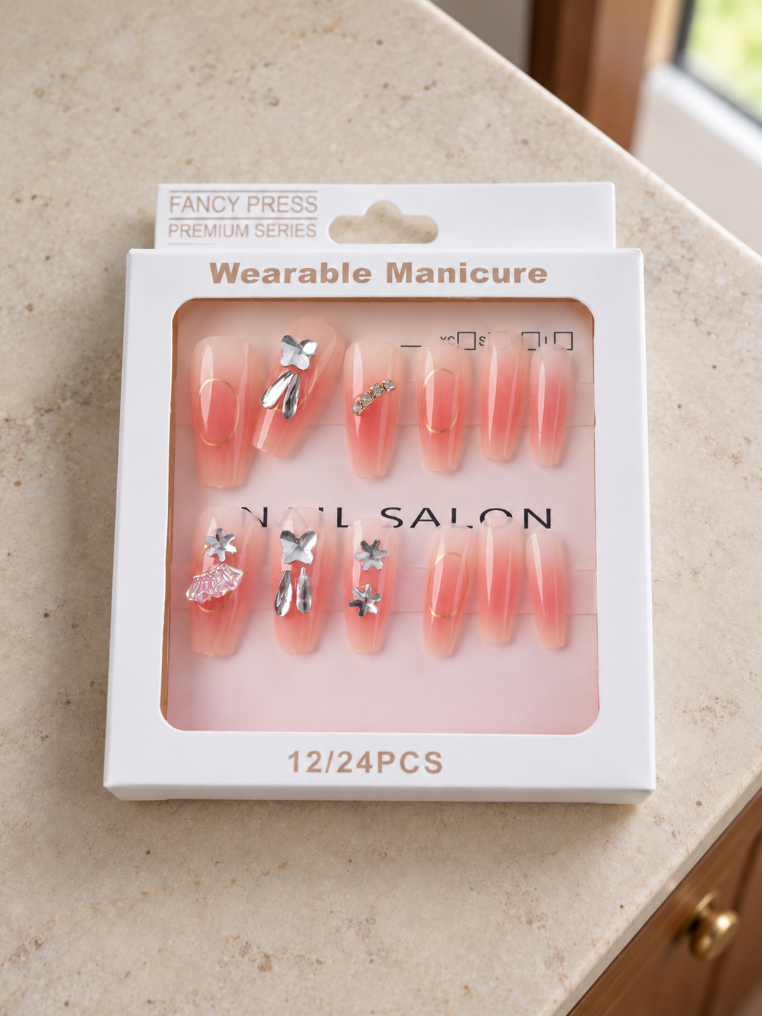 Fancy Press peach coral jelly ombre coffin press-on nails with gold oval rings and 3D crystal butterfly charms