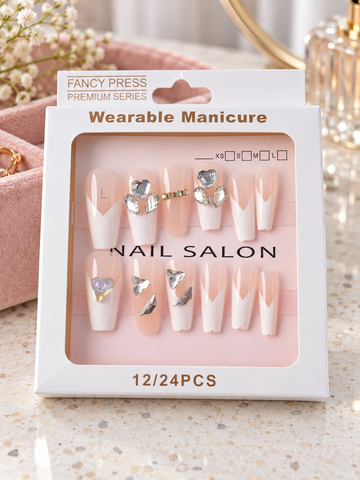 Luxury V-cut French tip coffin press-on nails featuring sparkling rhinestone bar, pearl clusters, and 3D crystal hearts on a natural nude base