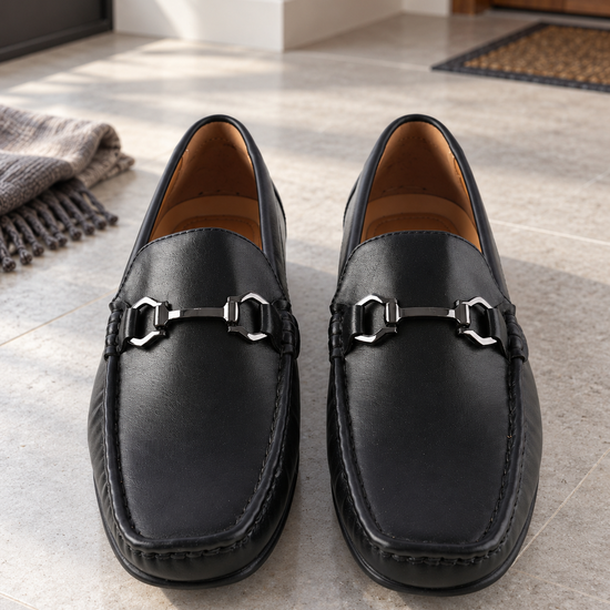 Men's classic black faux leather horsebit driving loafers with gold-toned metal equestrian buckle and flexible rubber grip sole