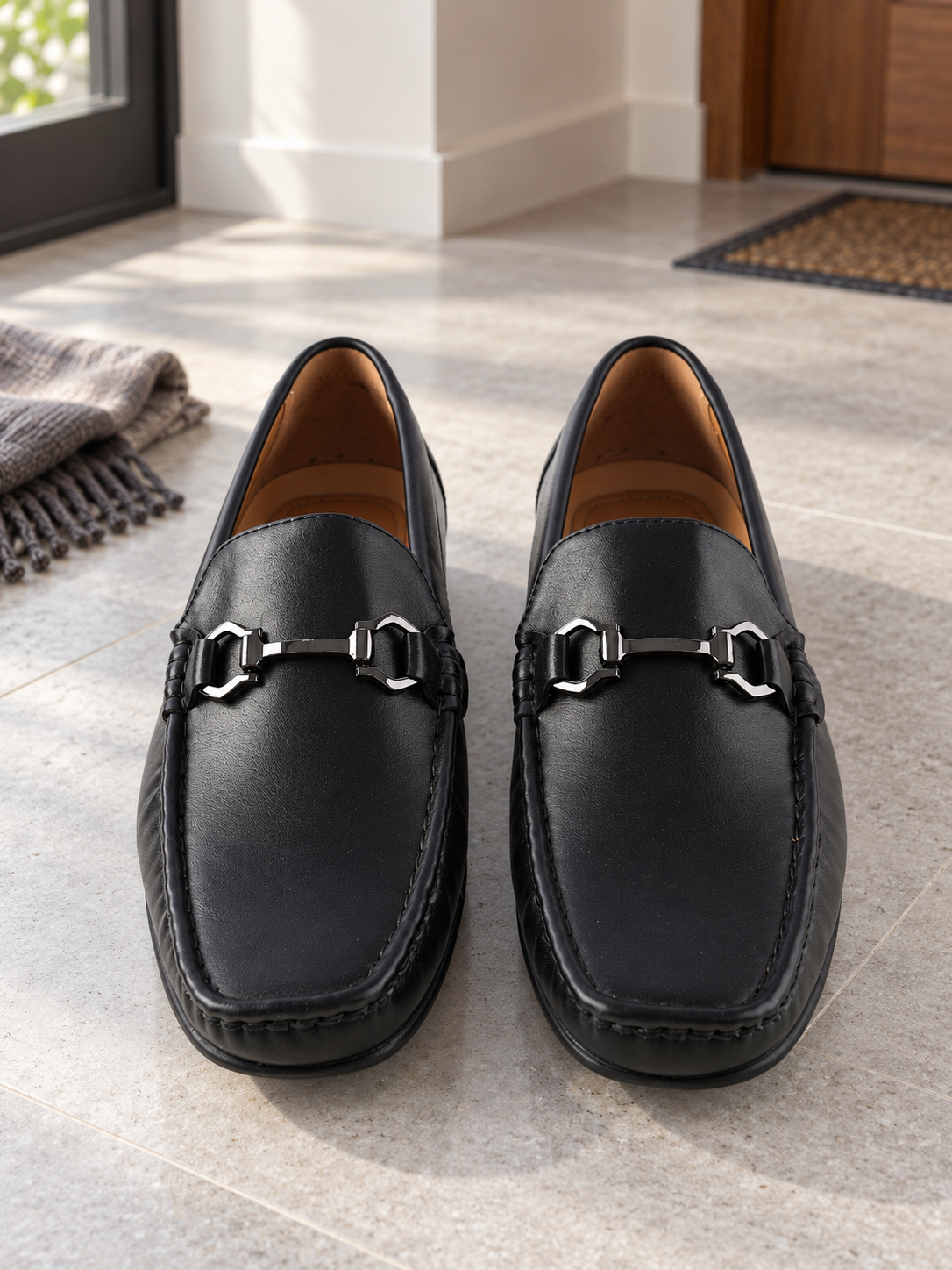 Men's classic black faux leather horsebit driving loafers with gold-toned metal equestrian buckle and flexible rubber grip sole