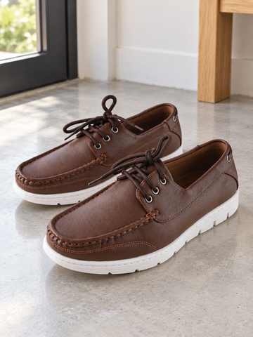 Men's classic brown faux leather lace-up boat shoes with 360-degree lacing, silver rustproof eyelets, and contrasting white rubber grip sole
