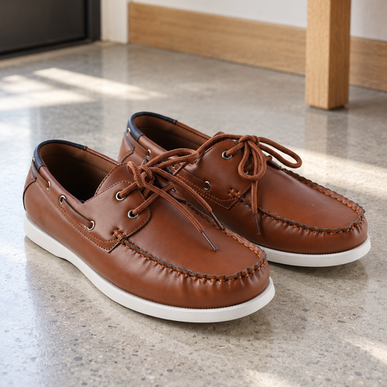 Men's tan cognac faux leather lace-up boat shoes with 360-degree lacing, silver rustproof eyelets, and contrasting white rubber sole