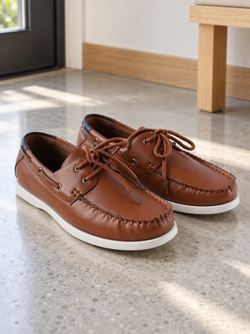 Men's tan cognac faux leather lace-up boat shoes with 360-degree lacing, silver rustproof eyelets, and contrasting white rubber sole