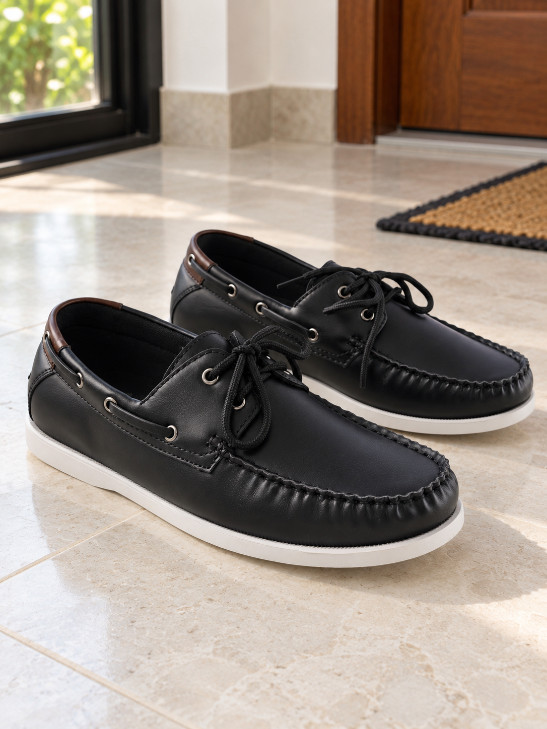 Men's black faux leather lace-up boat shoes with contrasting rich brown collar trim, 360-degree lacing, silver eyelets, and white rubber sole