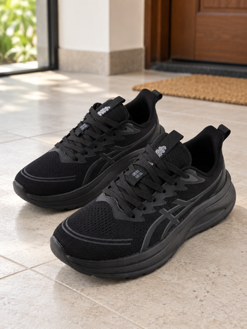 Men's all-black lightweight breathable knit mesh athletic running sneakers with thick shock-absorbing foam midsole, lace-up closure, and heel pull tab