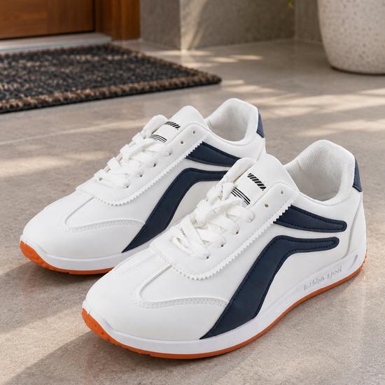 Men's clean white and navy blue low-top fashion sport casual sneakers with navy side stripes, white laces, and amber gum rubber outsole