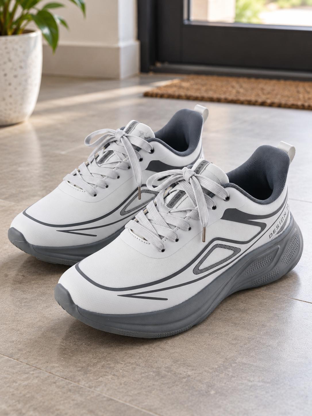 Men's white and slate grey lightweight athletic running sneakers with thick sculpted grey foam sole, geometric side overlays, and charcoal collar lining