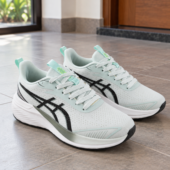 Men's mint green and white breathable engineered mesh performance running sneakers with black side tiger stripes, dual-tone cushioned midsole, and mint pull tab