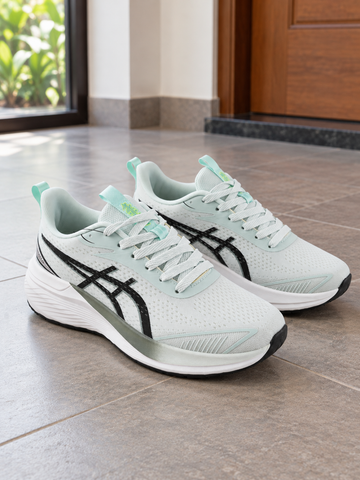 Men's mint green and white breathable engineered mesh performance running sneakers with black side tiger stripes, dual-tone cushioned midsole, and mint pull tab