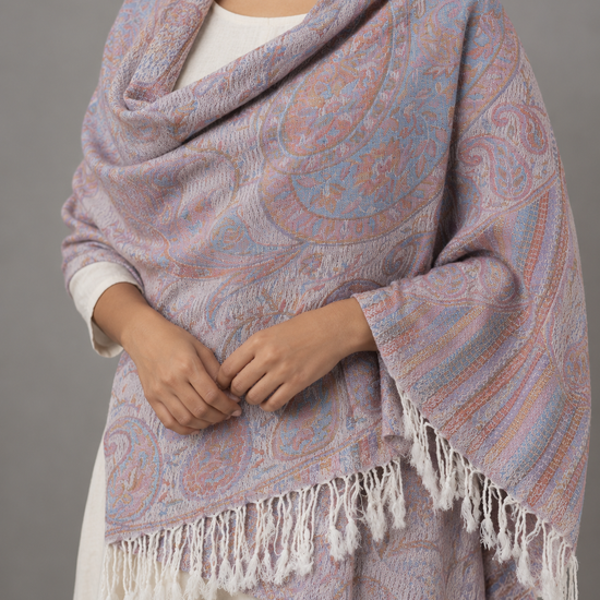 Lavender purple fringed pashmina shawl scarf with twisted tassel borders