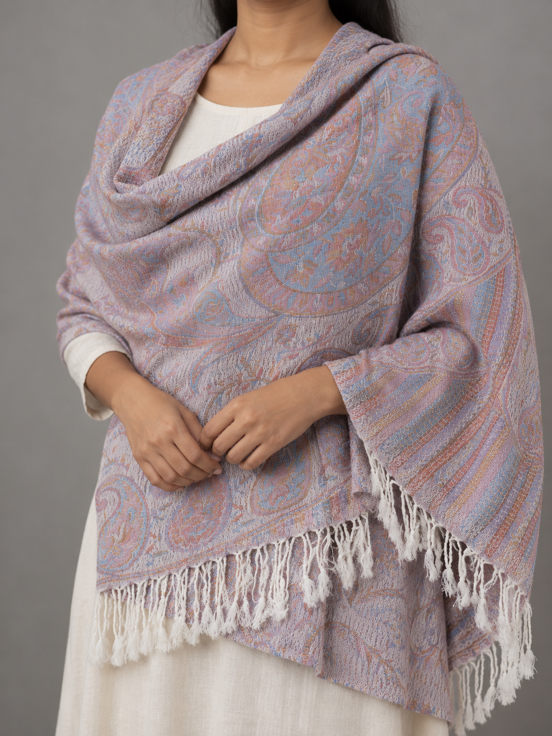 Lavender purple fringed pashmina shawl scarf with twisted tassel borders