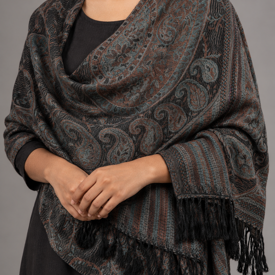 Sage green fringed pashmina shawl scarf with knotted tassel ends