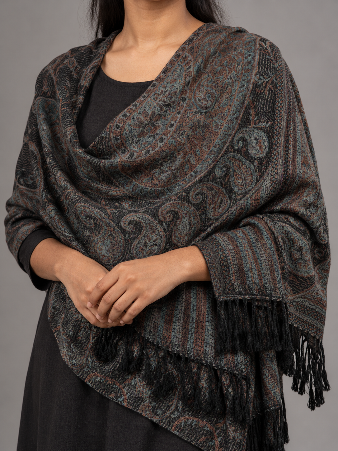 Sage green fringed pashmina shawl scarf with knotted tassel ends