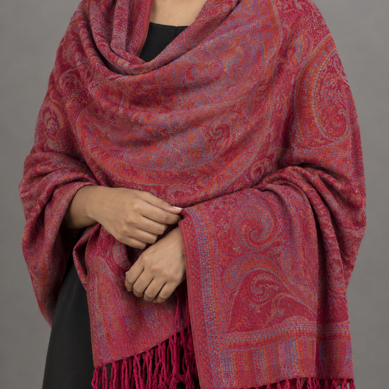 Vibrant hot pink fringed pashmina shawl scarf with twisted tassel trim