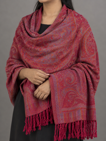Vibrant hot pink fringed pashmina shawl scarf with twisted tassel trim