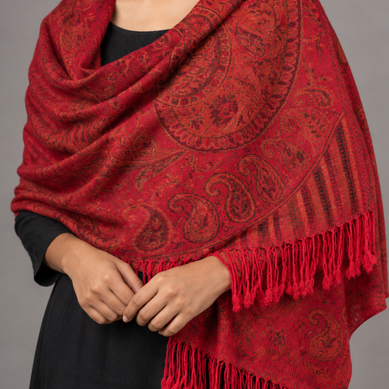 Coral red fringed pashmina shawl scarf with twisted tassel borders