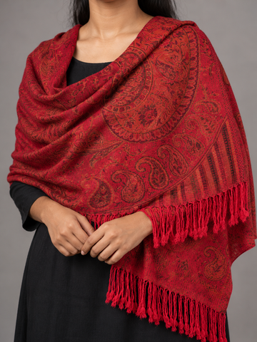 Coral red fringed pashmina shawl scarf with twisted tassel borders
