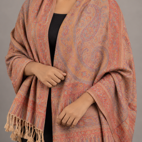Tangerine orange fringed pashmina shawl scarf with twisted tassel borders
