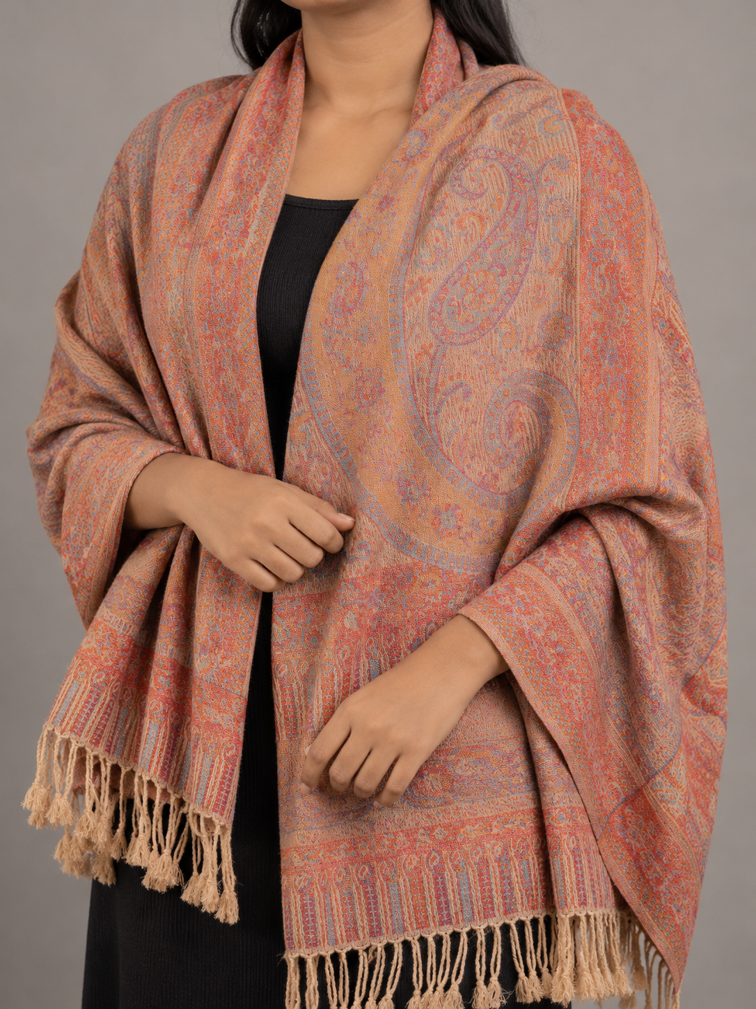 Tangerine orange fringed pashmina shawl scarf with twisted tassel borders