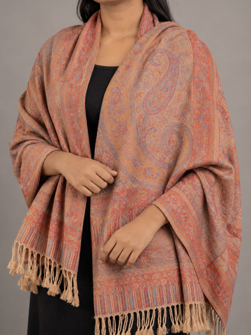 Tangerine orange fringed pashmina shawl scarf with twisted tassel borders