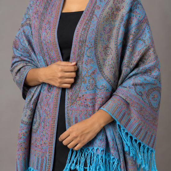 Turquoise blue fringed pashmina shawl scarf with twisted tassel borders