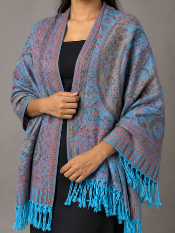 Turquoise blue fringed pashmina shawl scarf with twisted tassel borders