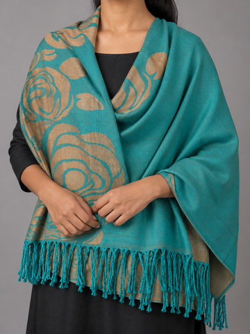 Women's teal turquoise and metallic antique gold reversible jacquard pashmina wrap showcasing stylized rose blooms, botanical vines, and matching teal fringe