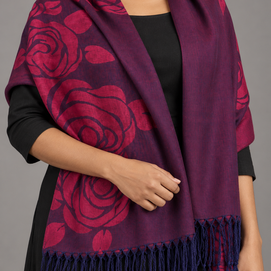 Women's deep plum purple and wine red reversible jacquard woven pashmina wrap featuring large stylized rose floral bouquets and matching purple fringe trim