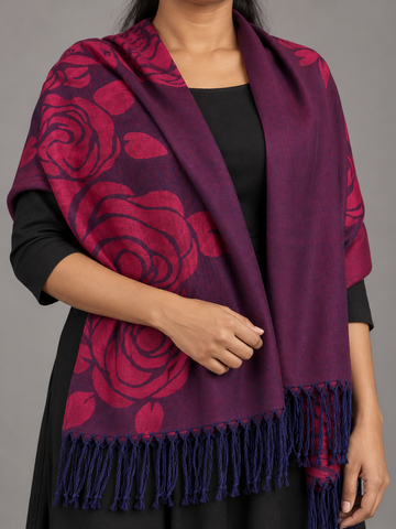 Women's deep plum purple and wine red reversible jacquard woven pashmina wrap featuring large stylized rose floral bouquets and matching purple fringe trim