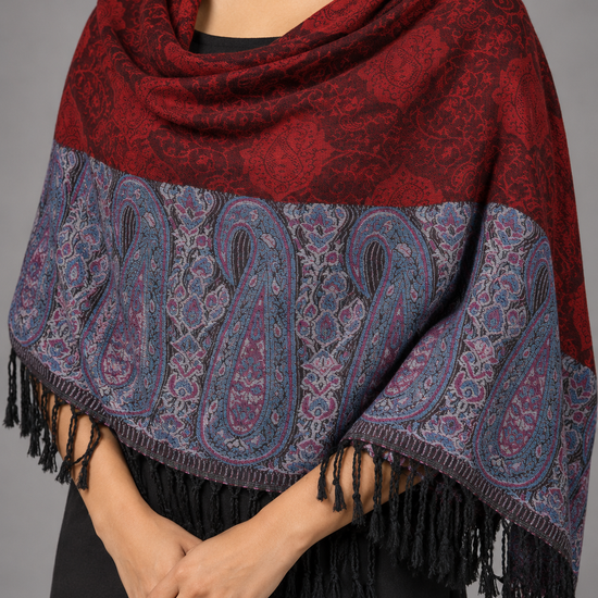Women's crimson maroon red and slate blue jacquard pashmina shawl featuring smooth woven center field, traditional paisley boteh border, and black fringe tassels
