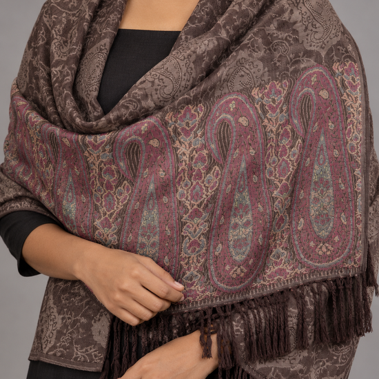 Women's espresso coffee brown jacquard pashmina shawl featuring tonal damask body, burgundy wine and rose paisley boteh border, and espresso fringe tassels