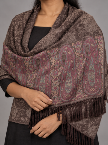 Women's espresso coffee brown jacquard pashmina shawl featuring tonal damask body, burgundy wine and rose paisley boteh border, and espresso fringe tassels