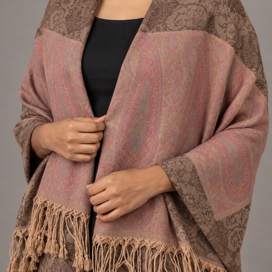 Women's mocha taupe brown jacquard pashmina shawl featuring tonal damask field, muted rose pink paisley boteh tapestry border, and beige twisted fringe hem