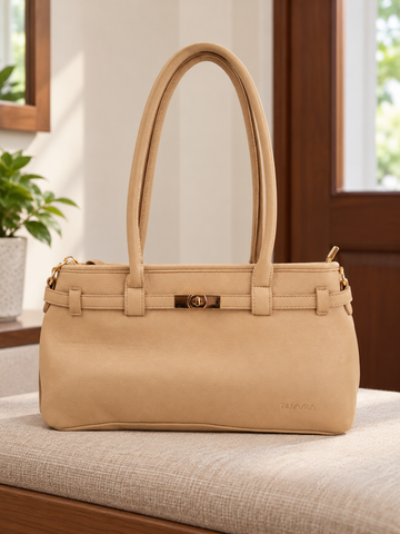 Nuvaara women's structured warm beige grained vegan leather shoulder bag featuring long shoulder straps, gold turn-lock front accent, and top zipper closure