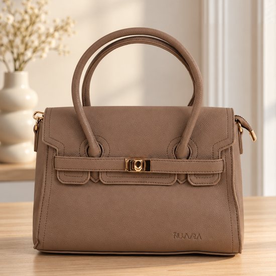 Nuvaara women's structured taupe grained vegan leather top-handle satchel handbag featuring front flap closure with gold-tone twist clasp and contoured dual handles
