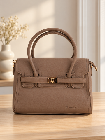 Nuvaara women's structured taupe grained vegan leather top-handle satchel handbag featuring front flap closure with gold-tone twist clasp and contoured dual handles