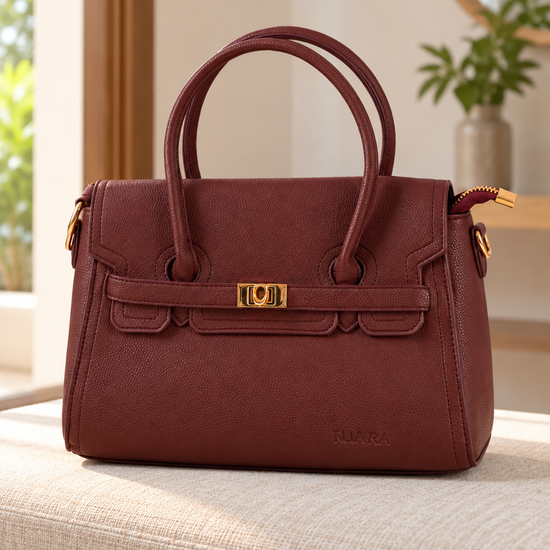 Nuvaara women's structured wine burgundy grained vegan leather top-handle satchel handbag featuring front flap closure with gold-tone twist clasp and contoured dual handles