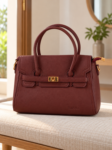 Nuvaara women's structured wine burgundy grained vegan leather top-handle satchel handbag featuring front flap closure with gold-tone twist clasp and contoured dual handles