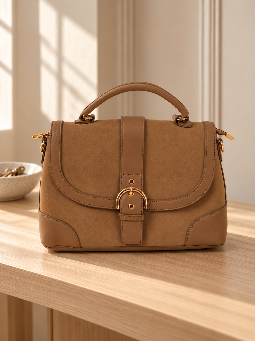 Nuvaara women's structured light brown tan vegan leather shoulder satchel bag featuring curved flap with gold-tone horseshoe buckle and arched top handle
