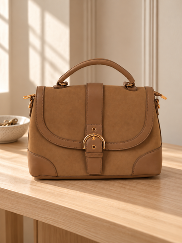 Nuvaara women's structured light brown tan vegan leather shoulder satchel bag featuring curved flap with gold-tone horseshoe buckle and arched top handle