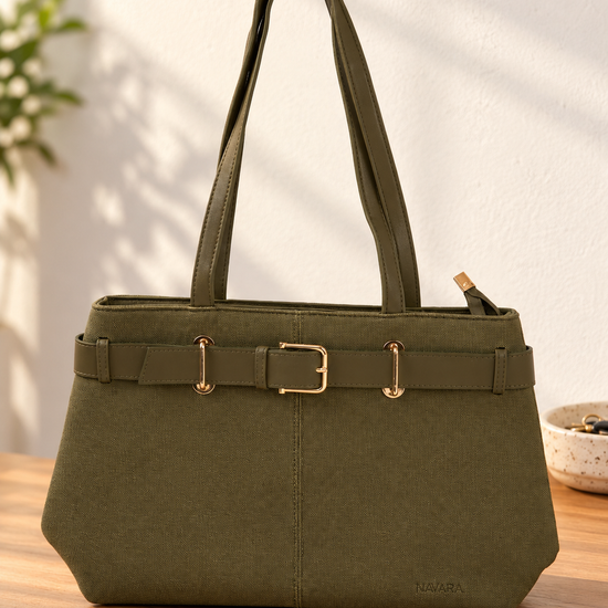 Nuvaara women's belted olive green textured vegan leather shoulder tote bag featuring front belt detail with polished gold buckle and tall shoulder handles