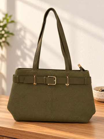 Nuvaara women's belted olive green textured vegan leather shoulder tote bag featuring front belt detail with polished gold buckle and tall shoulder handles