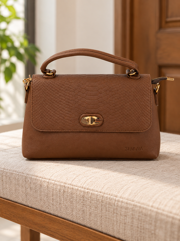 Nuvaara women's structured cognac brown shoulder bag featuring snake-embossed front flap, gold oval turn-lock clasp, arched top handle, and crossbody strap