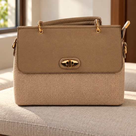 Nuvaara women's structured camel tan faux leather and herringbone woven twill flap satchel handbag with gold oval turn lock and arched top handle