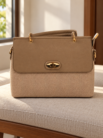 Nuvaara women's structured camel tan faux leather and herringbone woven twill flap satchel handbag with gold oval turn lock and arched top handle