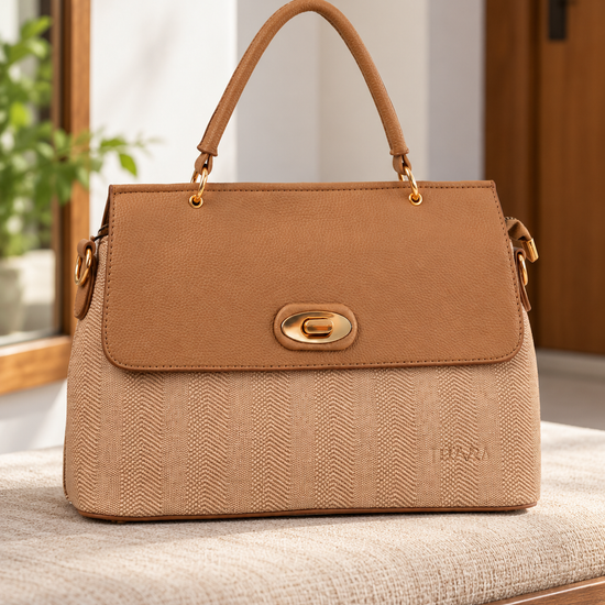 Nuvaara women's structured soft taupe faux leather and beige herringbone woven twill flap satchel handbag with gold oval turn lock and arched top handle