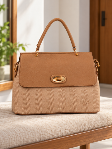 Nuvaara women's structured soft taupe faux leather and beige herringbone woven twill flap satchel handbag with gold oval turn lock and arched top handle