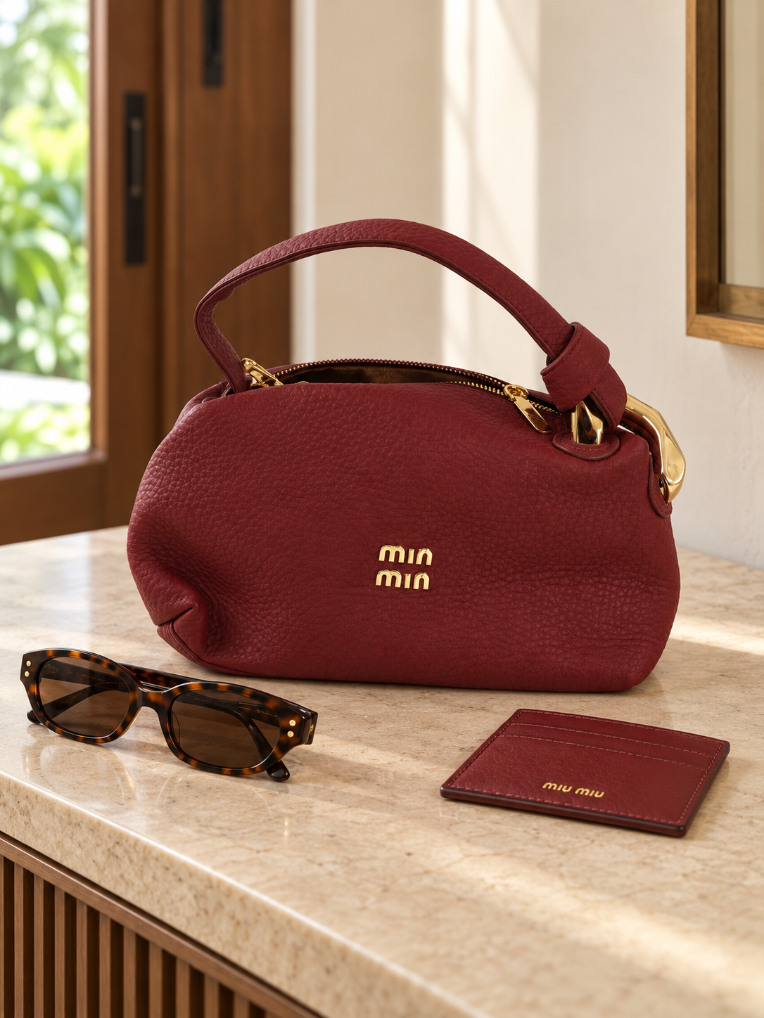 Nuvaara women's wine burgundy pebbled vegan leather shoulder handbag featuring an asymmetric knotted handle accented with chunky polished gold-tone metal chain link