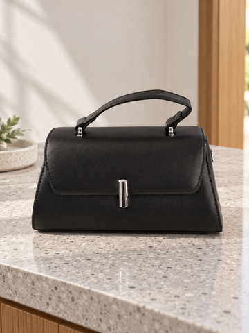 Nuvaara women's structured midnight black vegan leather top-handle handbag featuring a sleek front flap and vertical cylindrical silver-tone turn-lock clasp